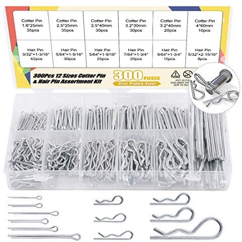 Keadic 300 Stück Splinte Haarnadel-Sortiment | Verzinkter Stahl Anhängerkupplung Pin R Clips Befestigungsset | 12 verschiedene Größen passend für verschiedene Anhängerkupplungsbolzensysteme