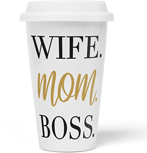 JUNIWORDS To-Go Becher mit Deckel, Wife. Mom. Boss
