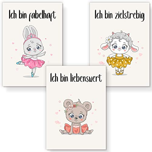 Positiv-Kind® Tierische Affirmationsbilder | 3er Poster Set Kunstdruck Bilder | Kinderzimmer Deko & Babyzimmer Deko | 3x DIN A4 Bilder Set für Mädchen & Junge | Tiere und Motivationssprüche 4