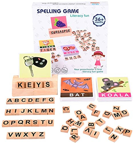 Aibyks 2 Pcs Buchstabierspielzeug, Alphabet-Spiel für Kinder im Vorschulalter, Holzbuchstaben Blöcke Rechtschreibspiele für Kinder, Montessori Alphabet Karten Spielzeug Passendes Lernspiel