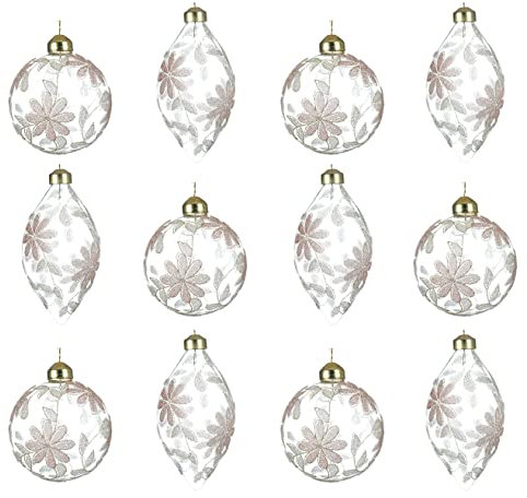 Kaemingk Weihnachtskugeln Glas 8cm x 12 Stück mit Blumen Muster Glitzer Christbaumkugeln Klar transparent