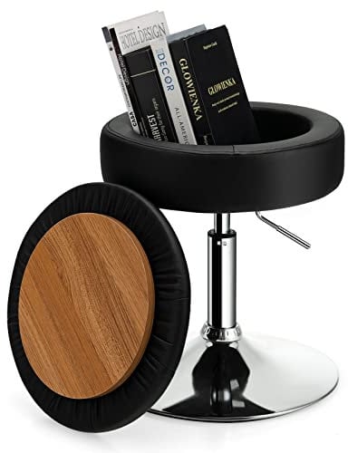 CASART 360° Swivel Storage Ottoman Vanity Stool, 51-66cm Height Adjustable Leather Makeup Stool with Removable Lid, Round Footstool Vanity Seat for Bedroom Living Room Dining Room (Black)