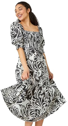 Roman Floral Contrast Print Midi Dress for Women UK - Ladies Everyday Holiday Spring Summer Square Neckline 3/4 Sleeve Comfy Soft Evening Vacation Work Party - Black - Size 10