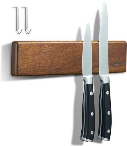 ENOKING Magnetleiste Messer 26 cm, Messerblock Magnetisch ohne Messer, Magnet Messerhalter aus Akazienholz mit 2 Haken