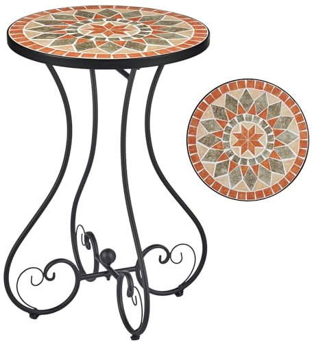 VONLUCE Round Side Table, Indoor and Outdoor Plant Stand, Small Coffee Table with Ceramic Tile Top for Patio Balcony, 53cm Tall Mosaic Garden Table, Living Room End Table or Bedside Table, Quilt Star