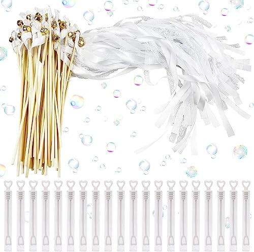 20 Wedding Wands Romantic Weiss Spalier, Weiß Zauberstäbe Hochzeit Luftschlangen mit Glöckchen und Bänder, Spitze Stäbe Hochzeit, Lace Ribbon mit 20 Seifenflüssigkeitstube für Hochzeit Partys