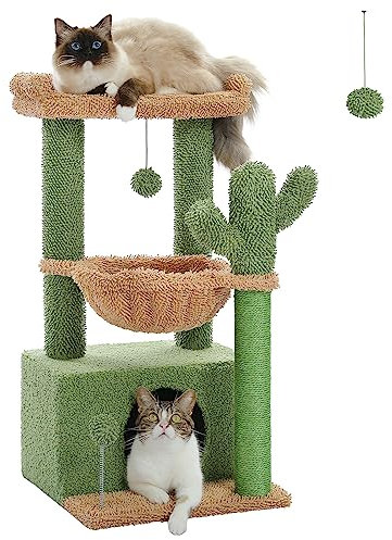 PAWZ Road Kaktus Katzenbaum für Indoor-Katzen mit Hängematte, Katzenturm mit Sisal-überzogenem Kratzbaum, großer oberer Sitzstange, Katzenkratzbaum, Grün 83 cm