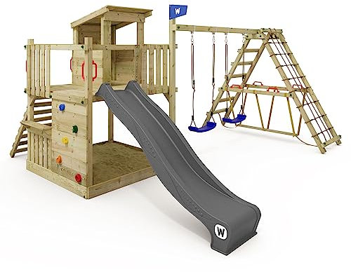 WICKEY Spielturm Klettergerüst Smart Nest mit Schaukel & Rutsche, Sandkasten, Surfswing mit Kletteranbau, Kinder Kletterturm mit Kletterwand & Spiel-Zubehör - anthrazit