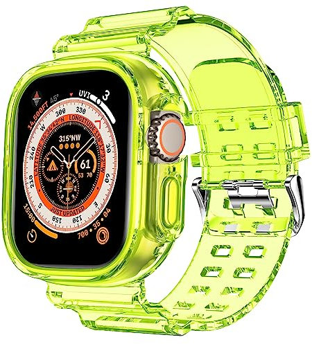 DABAOZA Compatible for Clear Apple Watch Band with Bumper Case 49mm, Women Men Glitter Bling TPU Sport Strap for iWatch SE Ultra Series 10 9 8 7 6 5 4 3 2 1(Neon Yellow,49)
