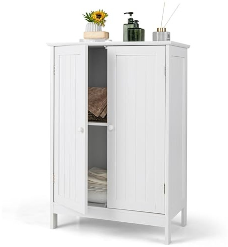 Multigot Bathroom Floor Cabinet(60 x 35 x 87cm, White) | Wooden Freestanding Cupboard with 3-Position Adjustable Shelf and Double Door, Slim Storage Organizer Unit