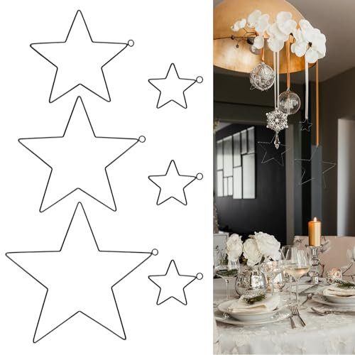 Drahtsterne Rohlinge 6 Stück,Metallsterne zum Basteln Metallring Stern für Weihnachtskranz Hochzeit Kranz Traumfänger Deko-Anhänger DIY Handwerk,Ø 30/25/20/10 cm,Schwarz