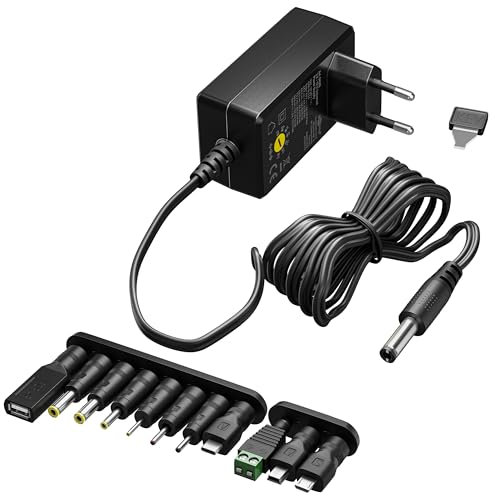 goobay 64568 Alimentatore universale 3 V - 12 V, max. 12 W/DC adattatore di ricambio per TV, PC, router, striscia LED/Tensione variabile/USB C, USB A, Micro USB/Incl. 11 adattatore/Nero