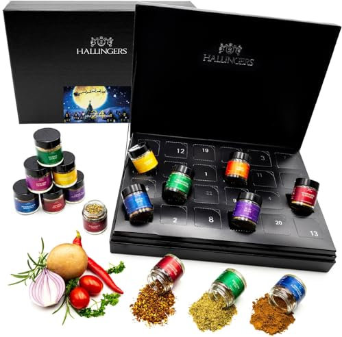Hallingers Magische Reise - Gewürz Adventskalender handmade, 24 Gewürze aus aller Welt (Set) - Geschenk im Sommer & als perfektes Grillgeschenk | Neues Zuhause Chanukka Freundschaft Genesung