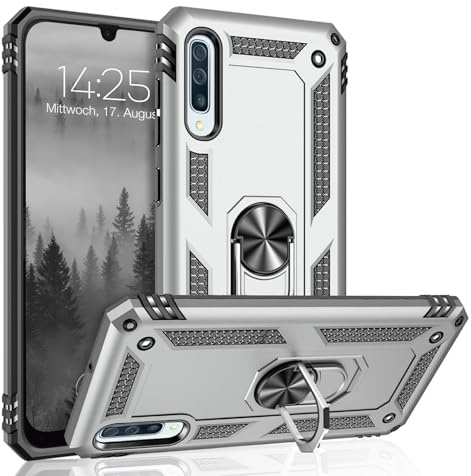 LBH Outdoor Hülle für Samsung Galaxy A50 Armor Militär Stoßfest Handyhülle 360 Grad Metal Ring Halter Ständer Schutzhülle für Handyhalterung Auto Magnet Silber