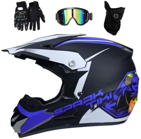 Intégral Casque Motocross Ensemble, avec Lunettes Gants Masque, Jeunesse Enfant Hors Route Moto Karting Scooter Casque, Descente MTB VTT BMX Enduro Quad Vélo de Saleté Accident Casque ( Color : Royal