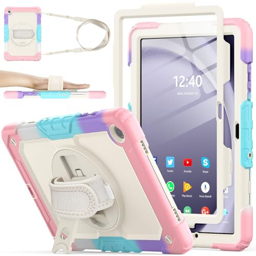 SEYMAC stock for Samsung Galaxy Tab A9 Plus Case 11 Inch 2023, Heavy Duty Shockproof Cover with Screen Protector, 360° Rotating Stand/Hand Strap & Pen Holder for Samsung A9+ Plus Tablet Case, Pink