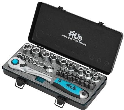HB Coffret Douilles E-Torx 36 Pièces AKM016-G avec Cliquet Réversible Offset 120 Dents 1/2 | Bouton d’Éjection Rapide | Boîte Métal avec Insert EVA | Douilles CR-V & Embouts S2 | Fabriqué à Taïwan