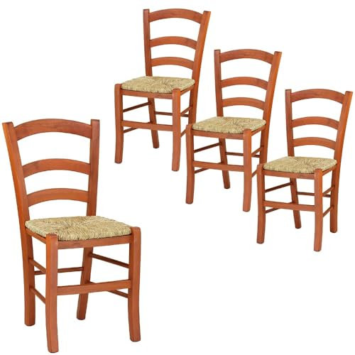 VIRSUS Set 4 Sedie Paesana in Legno con Seduta in Paglia, Misura 43x42x86 cm, Sedia Tradizionale Robusta, per Casa, Cucina, Agriturismo, Ristorante, Made in Italy (Ciliegio)