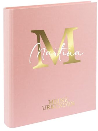 AWASG Urkundenmappe Kinder - Personalisiert mit Namen - Dokumentenmappe Ringbuch für Mädchen Jungen - Zeugnisordner Leinen zum Einsortieren von Urkunden (rosa)