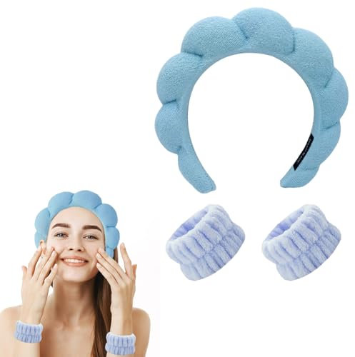 Serre tete, Skincare Serre Tete Femme, Bandeau de Lavage pour le Visage, Bandeau Cheveux Femme Maquillage, con Bracelets, pour Soin de La Peau, Lavage du Visage, Élimination du Maquillage, Yoga, Bleu