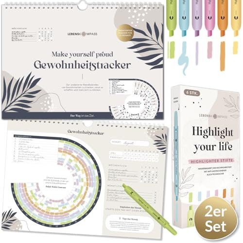 Lebenskompass® Habit Tracker Set: 12 Monate Gewohnheitstracker + 6er Set Textmarker - Tracke deine Fortschritte mit dem undatierten Wandkalender - Mit inspirierenden Zitaten & Tipps für deinen Alltag