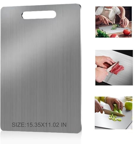 Planche à découper en titane - En acier inoxydable - Pour cuisine, camping et extérieur - Garantit le goût original des ingrédients - 39 x 28 cm