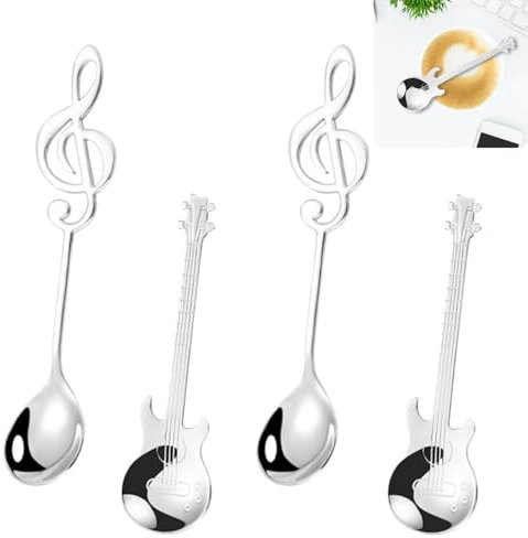 Ryvera Geschenke für Musiker, 4 Stück Gitarre Kaffeelöffel Set,Dessert Löffel Edelstahl Dessertlöffel Set Teelöffel Gitarren-kaffeelöffel Musik Deko für Geburtstag, Tee, Milch, Kaffee, Dessert, Drink