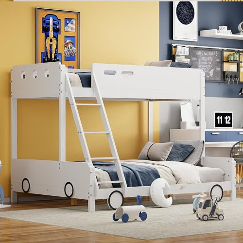 Rtopsu Kinderbett Etagenbett 90x200 cm &140x200 cm, Hochbett Autobett mit Leiter für 2-3 Kinder, Hausbett Bett mit Rausfallschutz und Lattenrost aus Holz, Weiß, Ohne Matratze