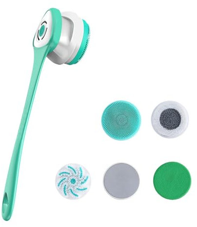 Elektrische Duschbürste, Körperpeeling, wiederaufladbarer Rückenschrubber mit 6 abnehmbaren Köpfen, wasserdicht, automatische Drehung für Peeling, Massage, Dual Minze grün