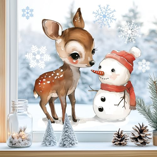 Fensterbild Fensteraufkleber Reh Winter Fensterdeko | Fensterdeko Glasdeko für Fenster Glasflächen Kinderzimmer Wohnzimmer Küche Bad statisch haftend wiederverwendbar Saison Deko