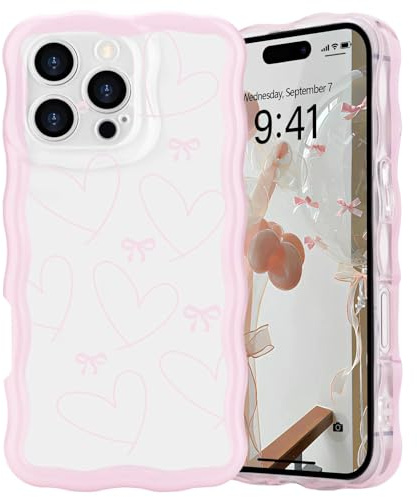 L-FADNUT Bow Case for iPhone 16 Pro Max, Curly Wavy Frame Cute Girly Bow Ribbon Pretty Phone Case, Soft Wave Clear Slim Silicone Shockproof Anti-scratch Cover for Women Girl, Big Heart