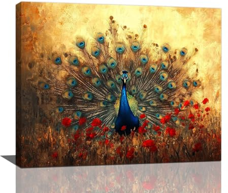 Toile murale encadrée – Impressions sur toile de peintures de paon bleu, fleur rouge dorée – Œuvre d'art moderne encadrée pour décoration d'intérieur, salle de bain, chambre à coucher, salon – 50,8 x