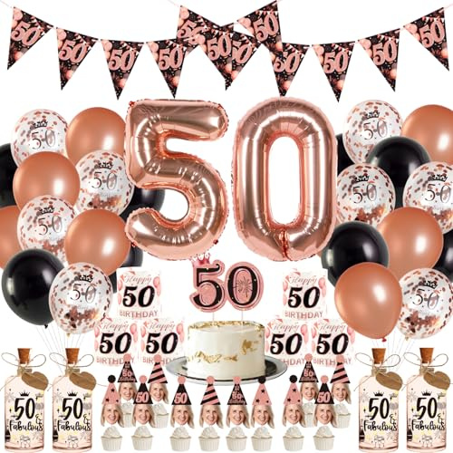 Easy Joy 50 Geburtstag Frau Deko in Roségold & Schwarz | Wimpelkette in Dreiecksform, Girlande,Cupcake Toppers und Luftballons 50. Geburtstag,Windlichter mit Rosa