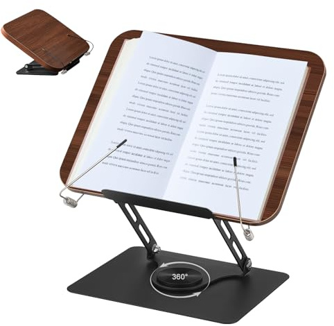Atril para leer, soporte de libros de madera, ajustable y giratorio 360°, con clip lateral, plegable