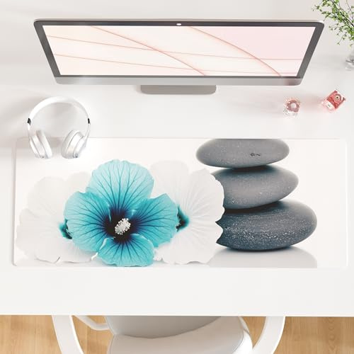 QIYI Desk Pad, Non-Slip PU Leather Desk Blotter Protector, Kids Floral Print Waterproof Computer Desk Mat, Thick Home & Office Large Keyboard Mouse Pad 31.5 x 11.8 - Pebbles & Blue White Flowers