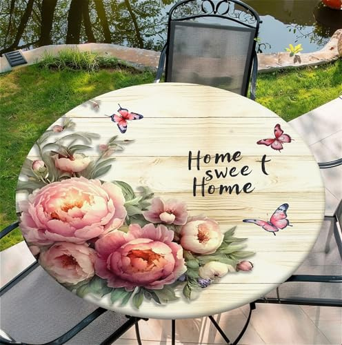 Outdoor Runde Tischdecke mit Gummizug Ø 36in(90cm)- Elastisch Garten tischdecke mit Peony und Schmetterling Muster,Tische Gartentischdecke für Outdoor Küche Passend für 95-105cm