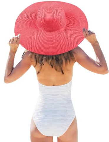 Generisch Sombrero de paja de color liso para mujer, de ala ancha, sombrero de playa, sombrero de sol, red, Rojo sandía, Talla única