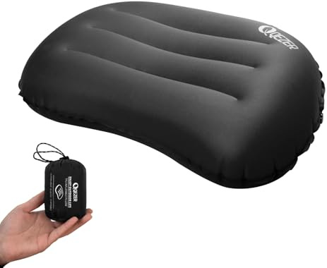 QEZER Ultraleichtes, aufblasbares Campingkissen – verstellbares Ventil – komfortabel und leicht – ideales Campingzubehör für Outdoor-Abenteuer, Wandern, Trekking und Radfahren. (Schwarz)
