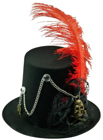 TrendandStylez Mini Steampunk Hut mit roter Feder und Totenkopf, Gothic Haarschmuck für Halloween und Karneval, Schwarz