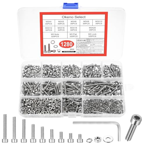 Okeno Select 1280 Pcs M3 Screw Assortment Kit, Hex Socket Cap Head Machine Screws with Nuts & Washers, Stainless Steel Threaded Bolts Set for DIY, Furniture, Mechanical Repair