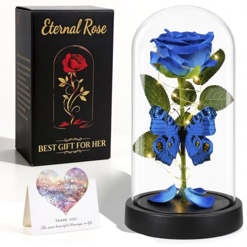 HAOCEE Rose Cadeau Femme,Rose Éternelle avec Papillons&LED(Bleu) | Rose Galaxie Verre Cadeau pour Noel, La Fête des Mères, Saint Valentin, Anniversaire Hochzeitstag Elle,Maman,Femme,Grandmère