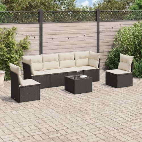 Owoxanthellate 7-TLG. Schwarze Poly-Rattan Gartenmöbel Lounge mit Glas-Tisch 62×62×69 cm Stabile Außen-Sofagarnitur wetterfest für Balkon Terrasse und Garten