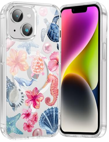Saqmkil Handyhülle Magnetische für iPhone 14/iPhone 13 Hülle, Aesthetic Sommer Meer Collage Muster Bunt Niedlich Mädchen Case Kompatibel mit MagSafe, Transparent Weich Silikon Stoßfeste Schutzhülle,06