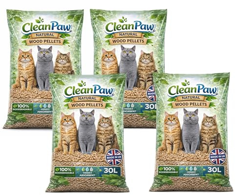 4x Clean Paw Natural Wood Pellets Cat Litter, 30L, Biodegradable, Non-Clumping, Highly Absorbent, Pellet Form, for Cats and Kittens, Made in UK
