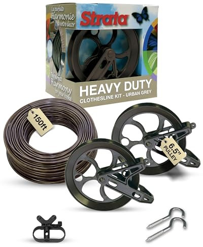 Strata Mocha Harmony Clothesline Outdoor Heavy Duty Kit - 150 Feet Galvanized Wire PVC Coating, 6.5 Aged Bronze Clothesline Pulley 2pcs, Aged Bronze Metal Mini Winch Tightener 1pc & 2 Metal Hooks