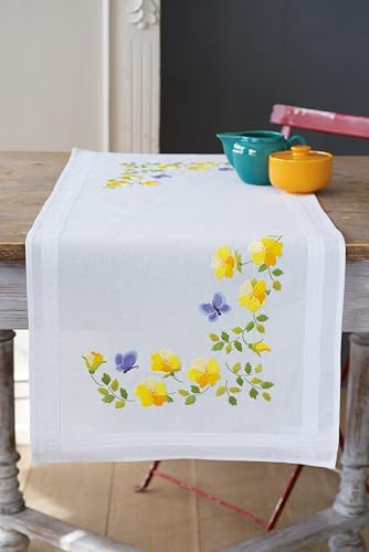 Vervaco Stickpackung Kreuzstich Set Vorgedruckt Tischläufer Frühlingsblumen Stickdecken Vorgezeichnet DIY Basteln Erwachsene Kreativ Stickläufer zum Selbersticken 40 x 100 cm Stickset