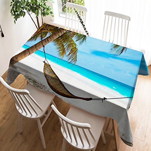 Violetpos Tischdecke Tischtuch Leinendecke Leinen Pflegeleicht Abwaschbar Schmutzabweisend Tischwäsche Hawaii Landschaft Strand Das Meer Hängematte 140 x 180 cm