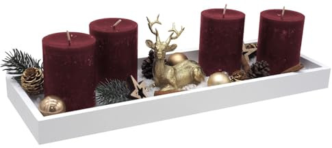 ZauberDeko Adventsgesteck Weihnachten Weihnachtsdeko Tablett Bordeaux Rot Weiß Hirsch Gold Tischdeko Deko