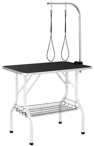 Yaheetech Table de Toilettage pour Chien/Chat/Animaux de Companie Pliante avec Potence Réglable 2 Sangles Une Panier de Rangement et Surface Travail Plus Large Antidérapente Capacité 100kg