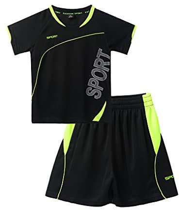 Yeahdor Kinder Jungen Sport Kleidung Set Kurzarm Sportshirt mit Kurz Hose Loose Fit Fußball Basketball Sportanzuzg Trainingsanzug D Schwarz 122-128